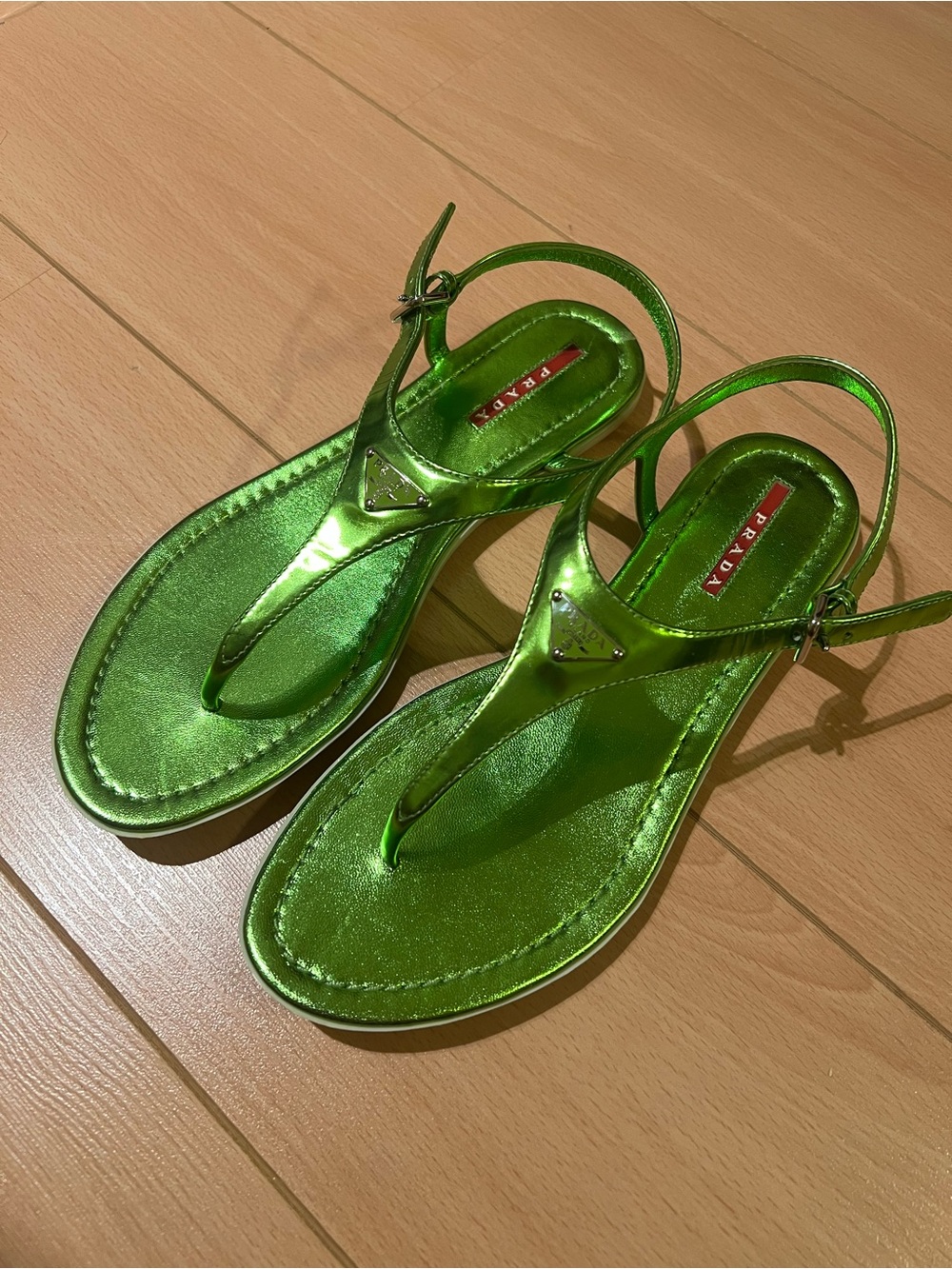 Prada Sport Metallic Lime Green T-Strap Slingback Sandals - Picture 2 of 5
